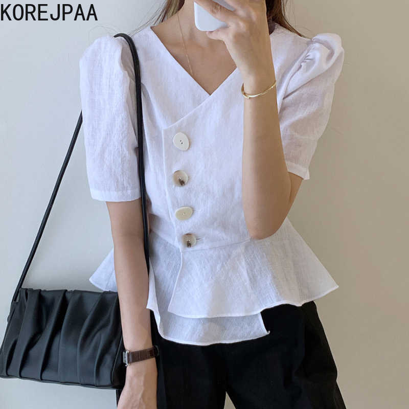 Korejpaa Women Shirt Summer Korea All-Match V-Neck Chic Single-Breasted Slim-Fit Irregular Hem Ruffled Short-Sleeved Blouse 210526, Black
Korejpaa Women Shirt Summer Korea All-Match V-Neck Chic Single-Breasted Slim-Fit Irregular Hem Ruffled Short-Sleeved Blouse 210526, Black