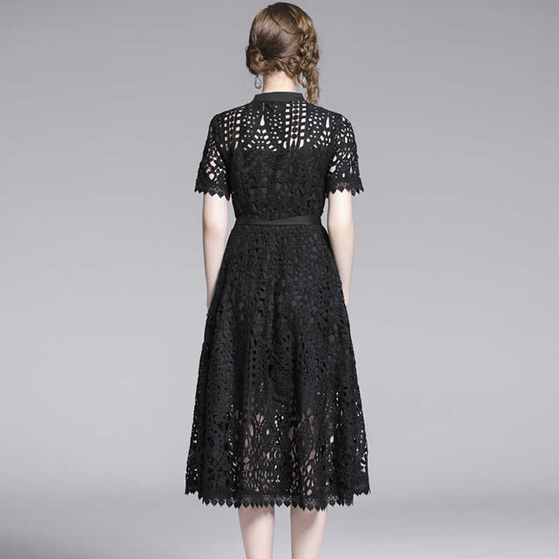 LY VAREY LIN Elegant Party Dress Lace Hollow Out Stand Collar Short Sleeve Single Breasted Black High Waist Mid-calf 210526