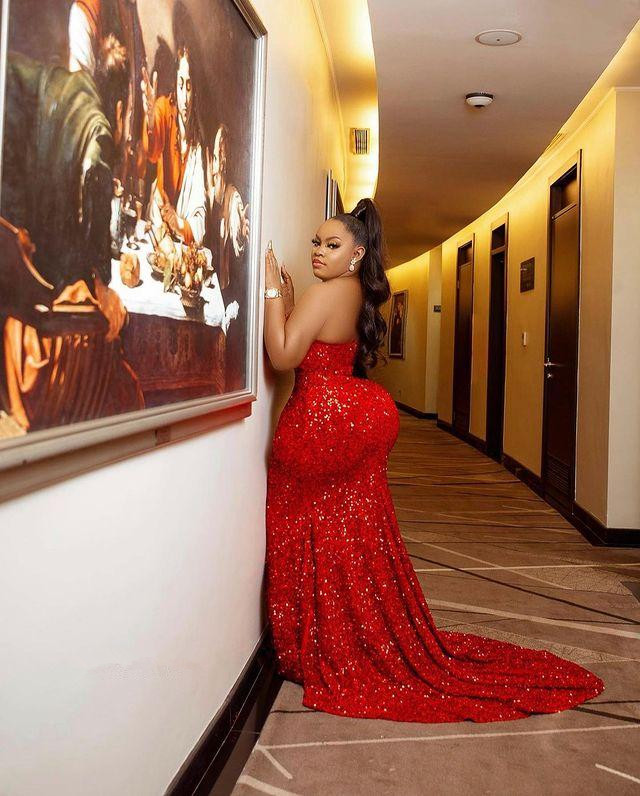 Sexy Prom Dresses Plus Size Arabic Customize Red Sparkly Sequins High Split Sheath Evening Dress Long Sleeves Formal Party Second Reception Gowns