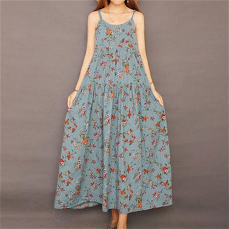 Floral Print Cotton Linen Maxi Dress Summer Casual Sling Boho Loose Big Hem Beach Dresses Women Oversized Long Robe 210522