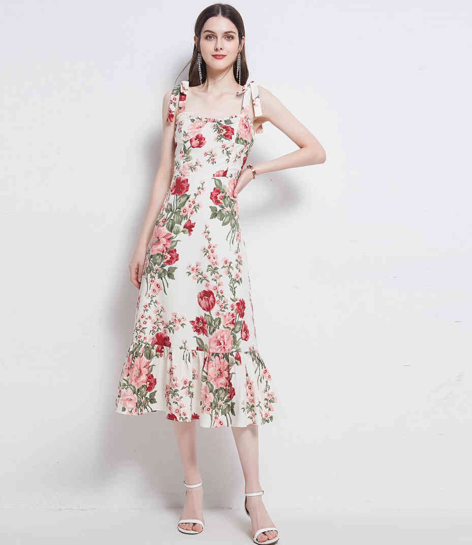 spaghetti strap midi dress ruched summer casual flower printed holiday floral kleid camisole plus size túnicas mujer 2XL 210421