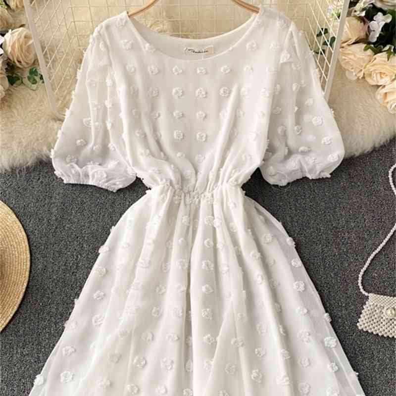 White Dresses for Women Korean Fashion Robe Tassel Polka Dot Puff Sleeve Vestidos Mujer Slim Sweet Chiffion Dress 210422
