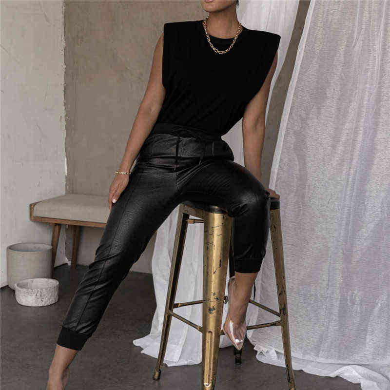 Women PU Leather Pants Fashion Street Lady Elastic Waist Pencil Autumn Drawstring Sweatpants Pockets Cool Trousers GV109 211115