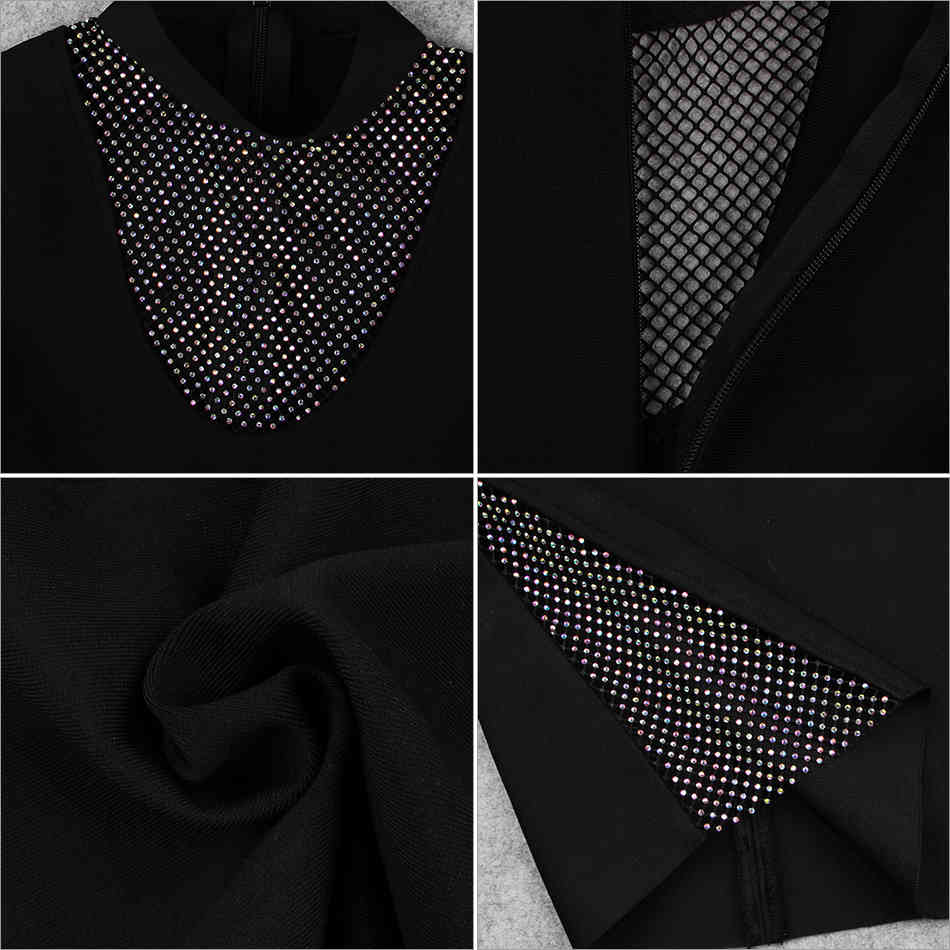 Summer Women Black Long Sleeve Beading Mini Bandage Dress Sexy Hollow Out Lady Evening Club Party Bodycon Dresses 210423