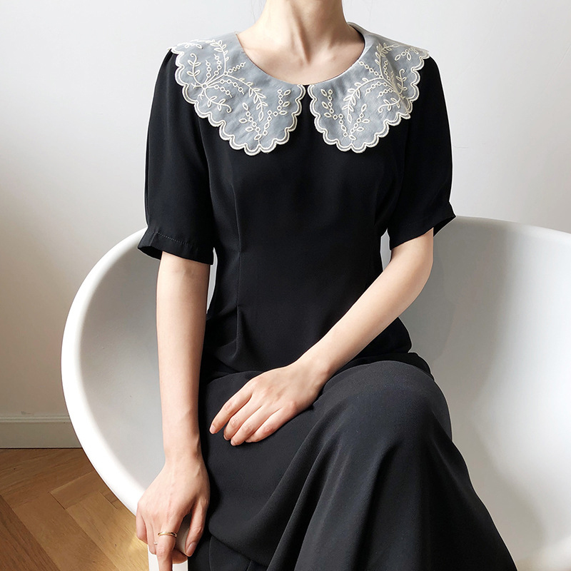 Black Chiffon Dress Women's Summer Lace Peter Pan Collar Waist Short Sleeve Mid-calf Dresses Female Tide 210427