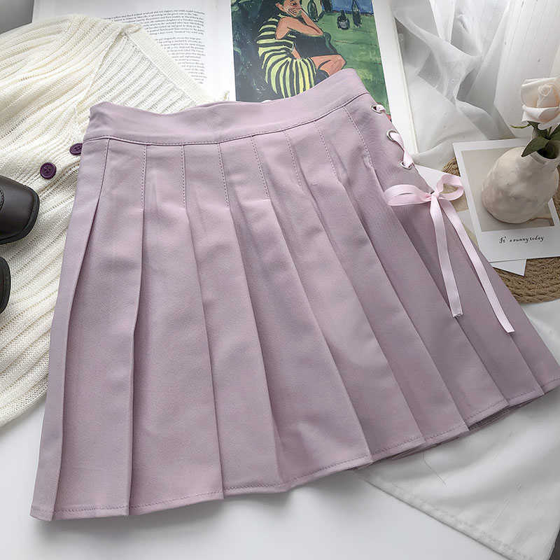 Korean Side Cross Bow Tie Skirts Womens High Waist Pleated A-line Mini Skirt Causal Faldas Mujer Moda 6G352 210603
