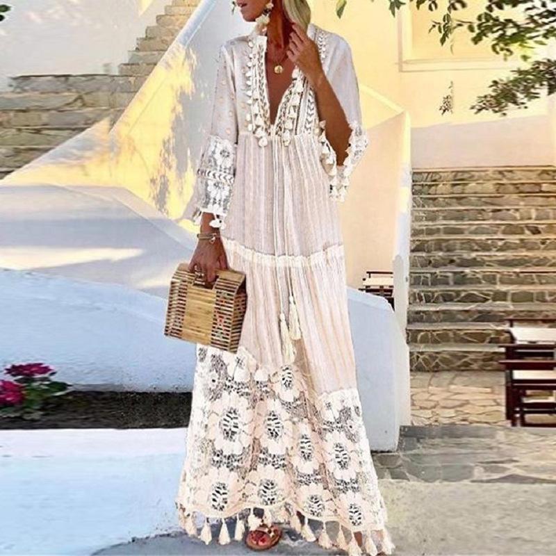Women Dress Deep V Neck Flare Sleeve Lace Maxi es Tassel Bohemian Loose Casual Plus Size Beach es Autumn 210524