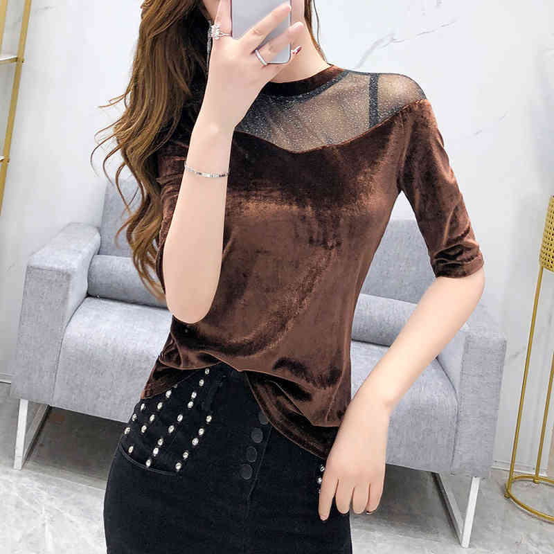 Fashion women Spring Mesh Hollow Solid Sexy Middle Sleeve Female O-Neck Bottom Women Shirt Tops and Blouses 210510