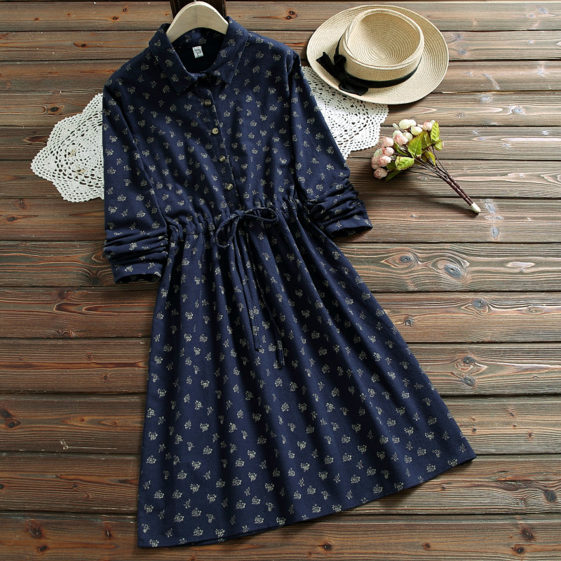 Female Autumn Winter Dress Single-breasted Vintage Floral Print Vestidos Bow Long Sleeve Women Corduroy es 210514