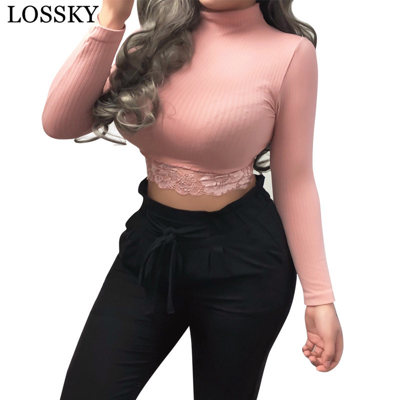 Autumn Winter Solid Crop Top Sexy Lace Patchwork Turtleneck Long Sleeve Bodycon Club Party Women's T-shirt White Black Tee 210507