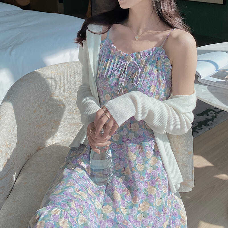 Purple Floral Midi Dress Women Summer French Vintage Dress Korean Flower Elegant Strap Dress Female Summer 210521