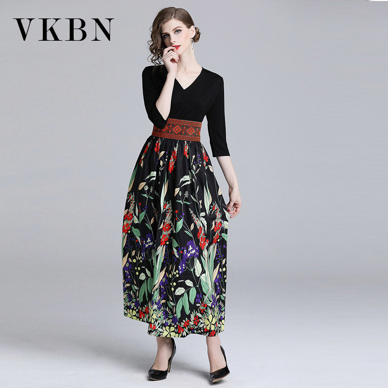 VKBN Spring and Summer Women Dress Up Printing Three Quarter Knee-Length V-Neck Empire Dresses Long 210507