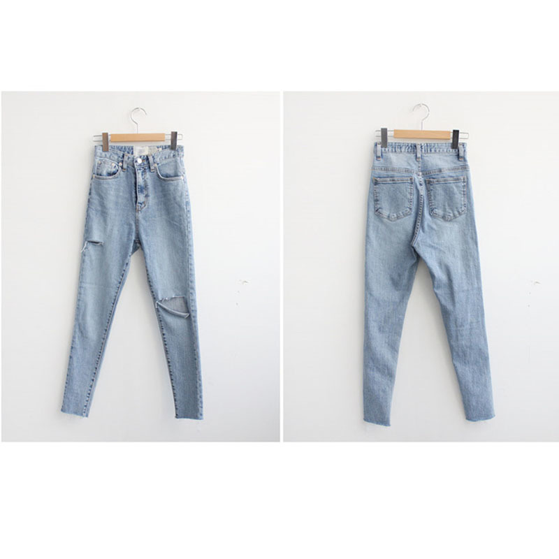 Casual High Waist Light Blue Ripped Jeans for Women Autumn Skinny Pencil Pants Denim Mujer 10406 210508