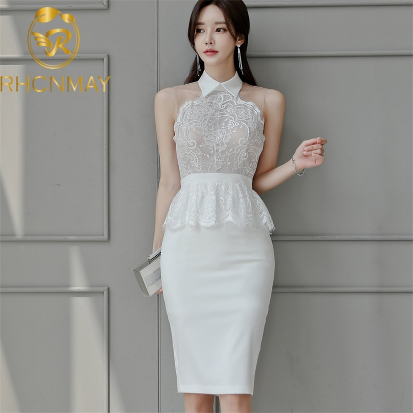 Summer Women Ruffles Pencil Dress Koran Fashion Lace Patchwork Sleeveless Turn Down Collar Bodycon Work 210506