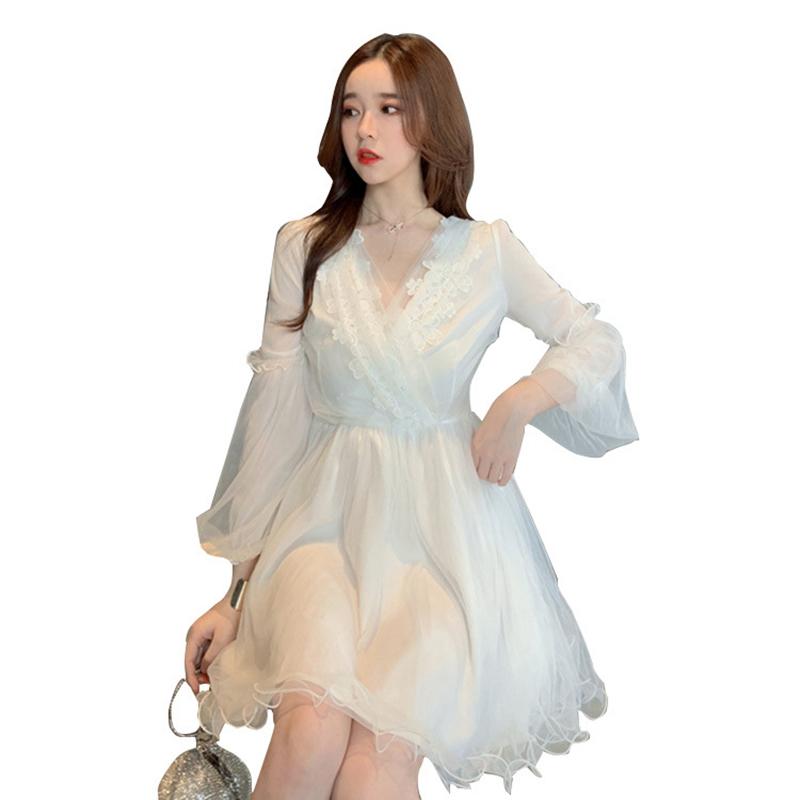Sannian French Personality Dress Summer Retro Mesh V-neck Lace Clothes China Long Pleated Dresses Preppy Style Casual