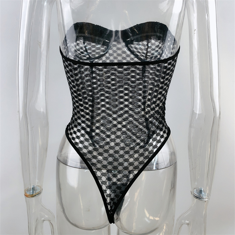 Valentine's Day Sexy Bodysuits Fishnet Hollow Out Strapless Off Shoulder Jumpsuits Women Zipper PU Leather Overalls Slim Exotic Tops