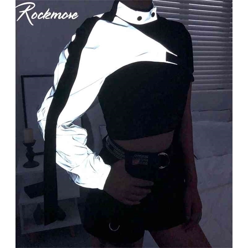 Rockmore Neon Green Reflective T Shirt Women Tshirt Harajuku One Shoulder Off Gothic Top Hip Hop Streetwear Tee Shirt Femme Fall 210406