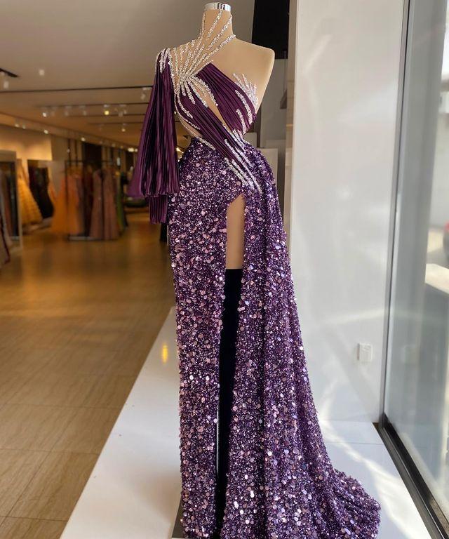 2021 Arabic Aso Ebi Purple Sequined Prom Dresses Beaded High Split Evening Formal Party Second Reception Gowns vestido de novia