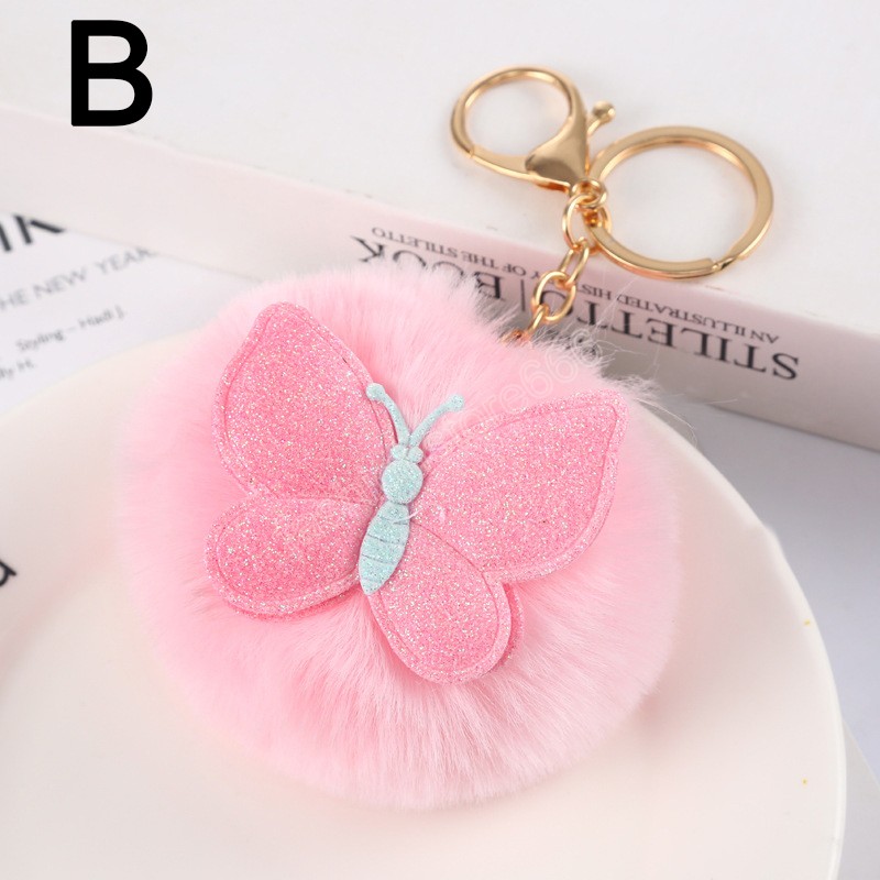 Lovely Fluffy Fur Pom Pom Key Chains Soft Plush Ball Car Keyring With Butterfly Pattern For Women Handbag Pendant Jewelry Gifts