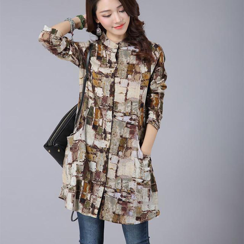 Spring Autumn Women Loose Casual Shirt Plus Size Vintage Print Cotton Linen Long Tops Ladies Stand Collar Blouses D146 210512