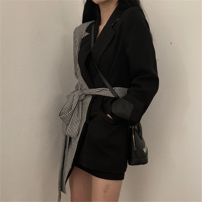 Korean Patchwork Chic Plaid Irregular Fashion Slim Autumn Full Sleeves High Quality Lace-Up Women OL Blazers 210421