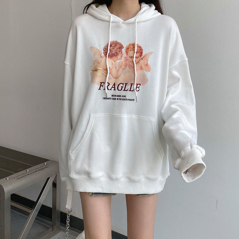 3colors autumn and winter Korean style Cartoon pattern print loose hoodies womens sweatshirts (X1607) 210423