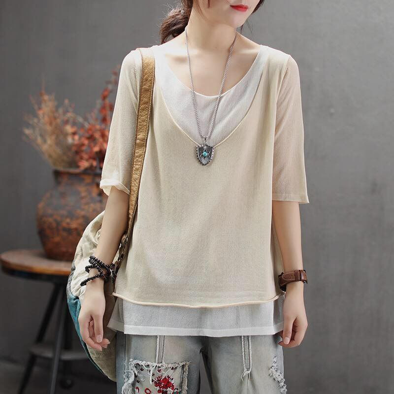 Summer Arts Style Women Half Sleeve Loose Tshirt Casual False Two Pieces O-neck Vintage linen Tee Shirt Femme Tops D412 210512
