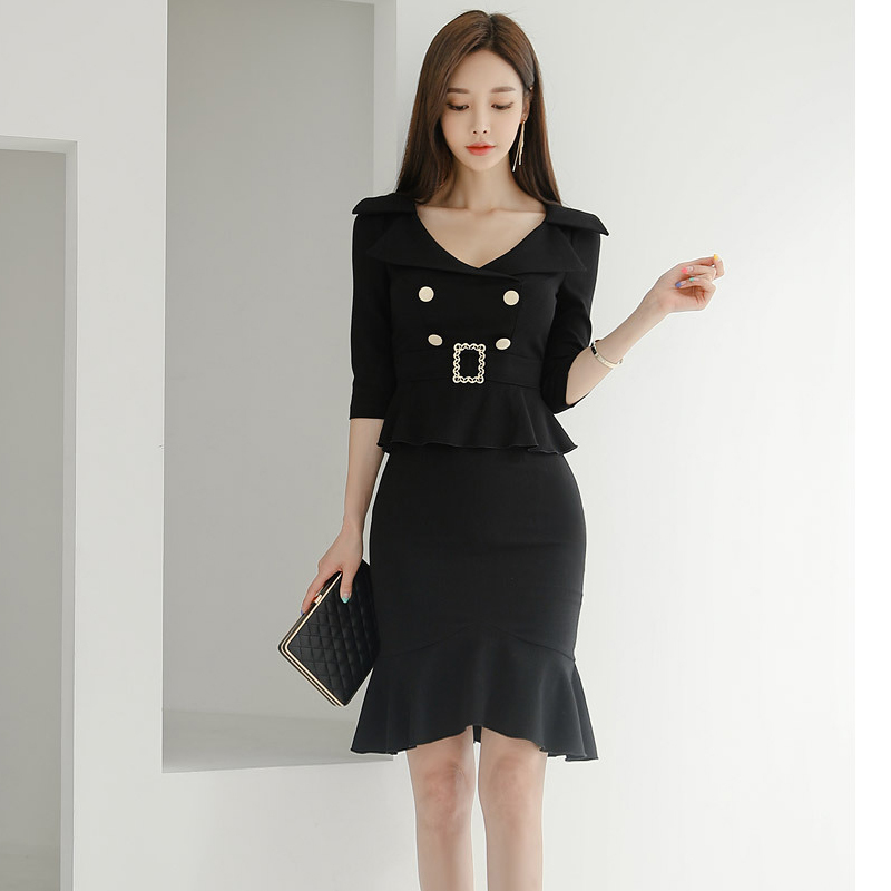 Summer Korean Formal Work Pencil Dress Women Black Bodycon Office Half Sleeve Mermaid Slim Sheath Turn down Collar 210506