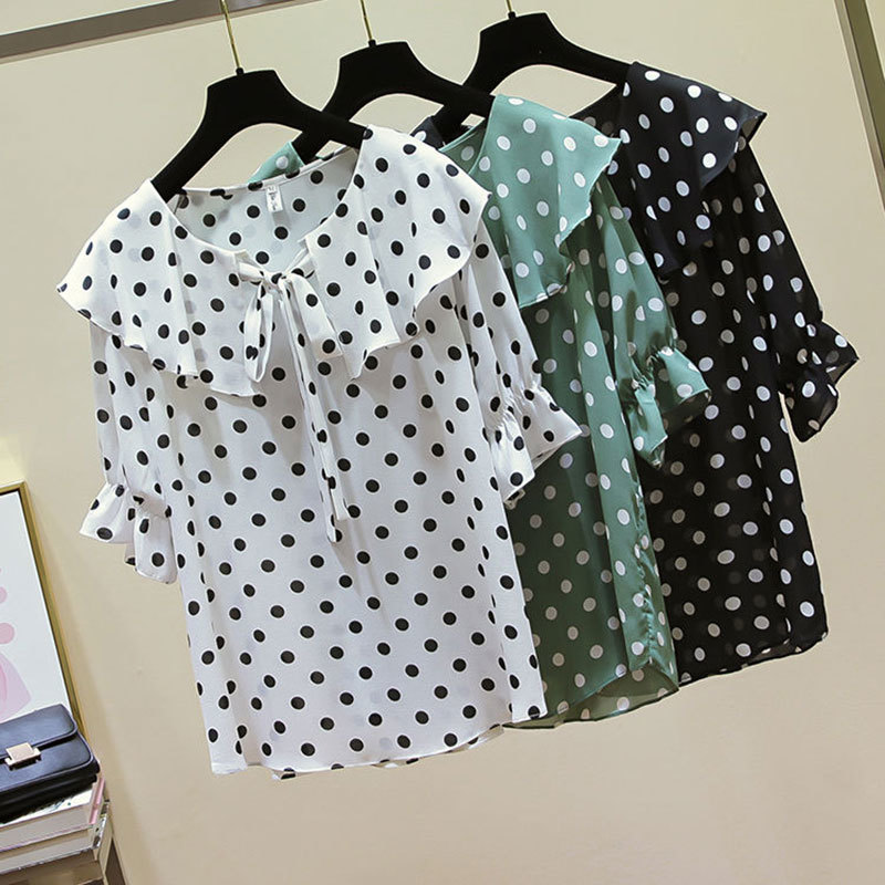 Summer Women Shirt Plus Size Half Sleeve Polka Dot Print Chiffon Shirts Sweet Cute Peter Pan Collar Ruffles Blouse D24 210512