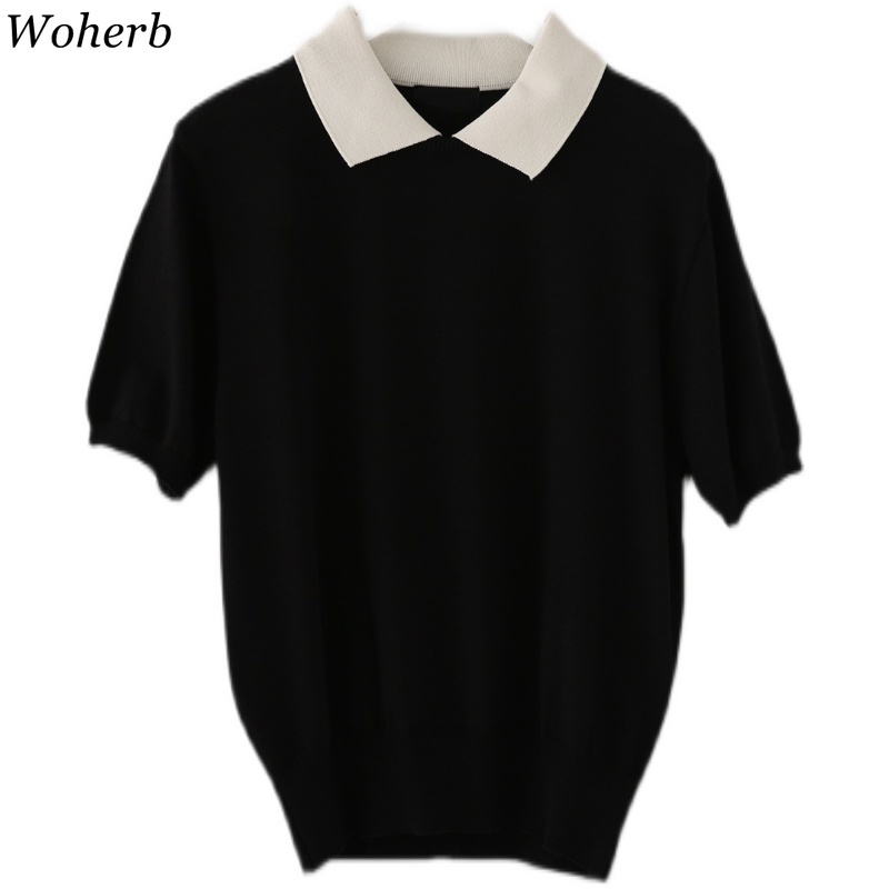 Summer Korean Tees Short Sleeve Knitted T Shirt Temperament Turn Down Collar Shirts Vintage Stripe Casual Tops Mujer 210519