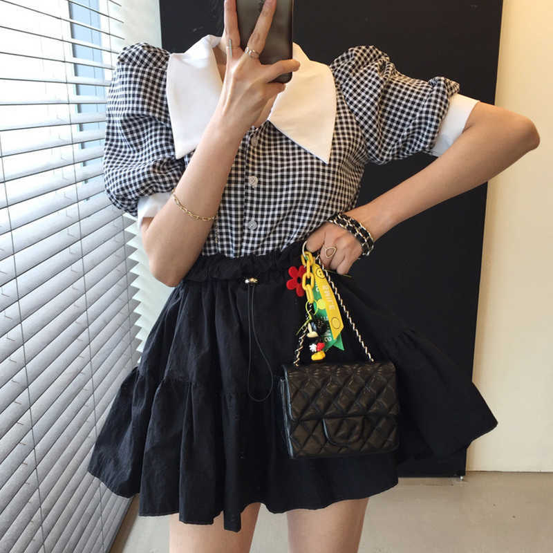 Korejpaa Women Shirt Summer Korean Niche Retro Hit Color Pointed Collar Stitching Plaid Single-Breasted Puff Sleeve Blouse 210526
