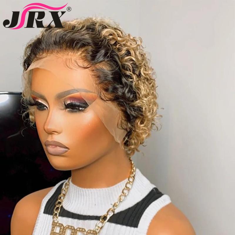 Lace Wigs Colored Human Hair 13x6 1b/30 Ombre Blonde Pixie Cut T Part Front Wig Short Bob Curly Remy 150% 180% Density