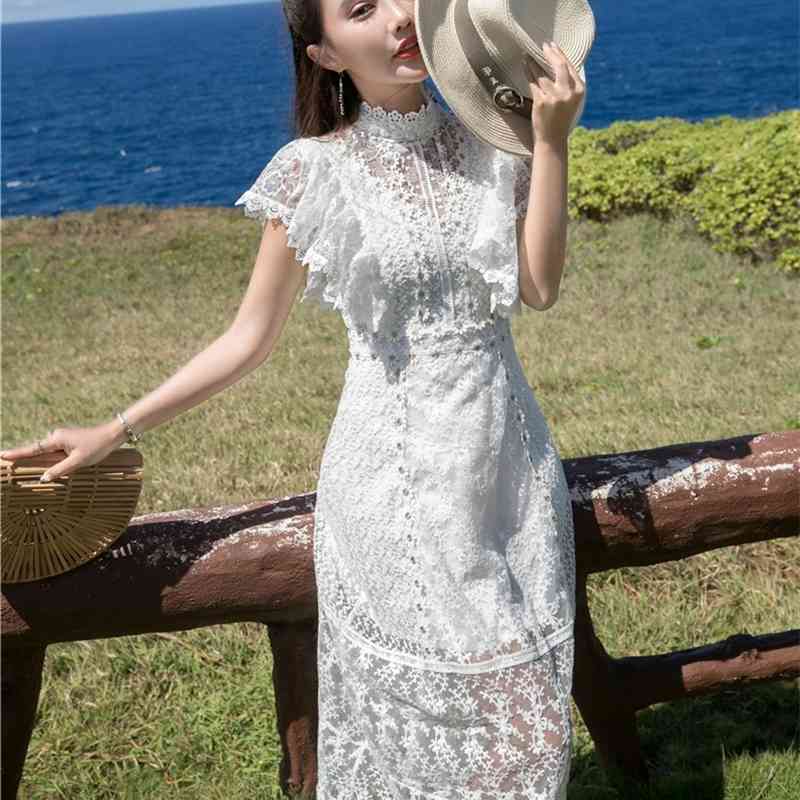 White lace vintage Long dress woman stand neck short sleeve hollow out elegant party Maxi spring summer sexy vestido 210519