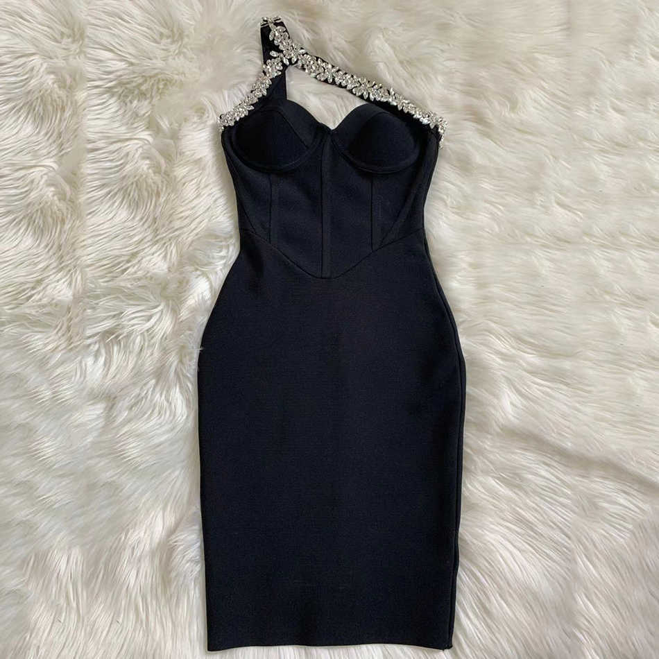 Summer Women One Shoulder Black Crystal Club Bandage Dress Sexy Sleeveless Mini Celebrity Runway Party Lady 210527