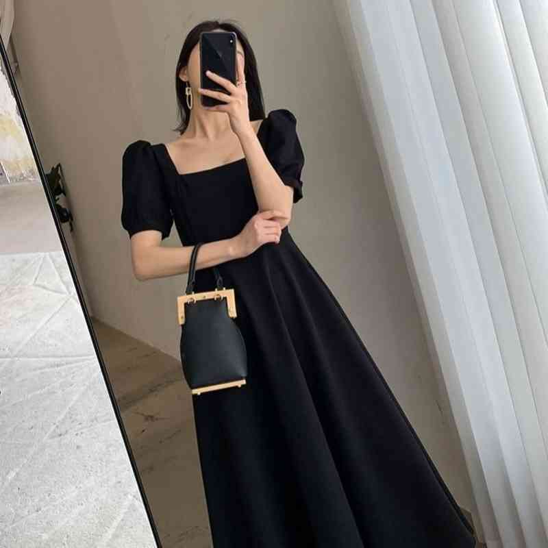 Square Collar Black Casual Dresses for Women Short Sleeve Elegant Midi Dress Dress Korean Office Lady Summer Chic 210521