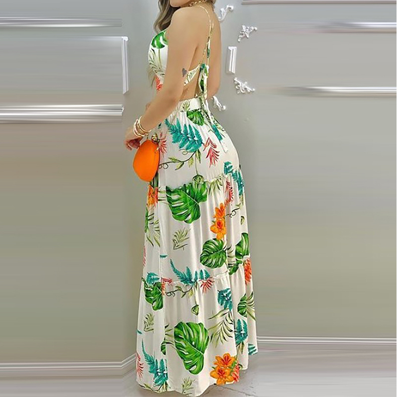Summer Colorful Printed Skirt Set Suspender Top & Long Skirt Beach Holiday Style V-Neck Lace Up Women 2 Peice Set Dress Set 210521