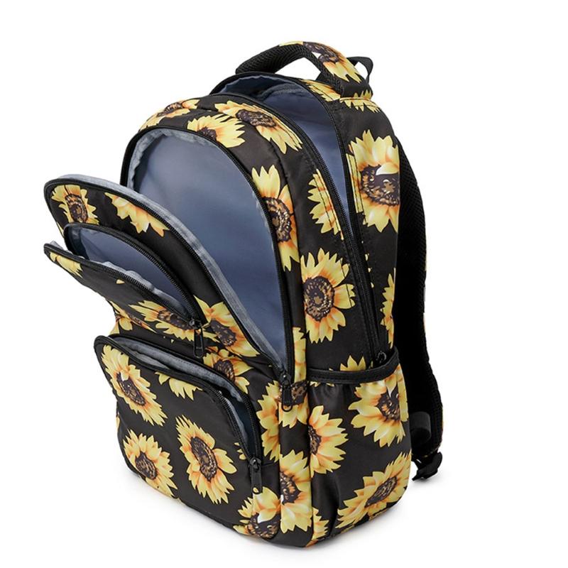 Sunflower Print Laptop Backpack With Reflective Strip Floral Girls Bookbags Women Casual Daypack Lightweight School Bag College