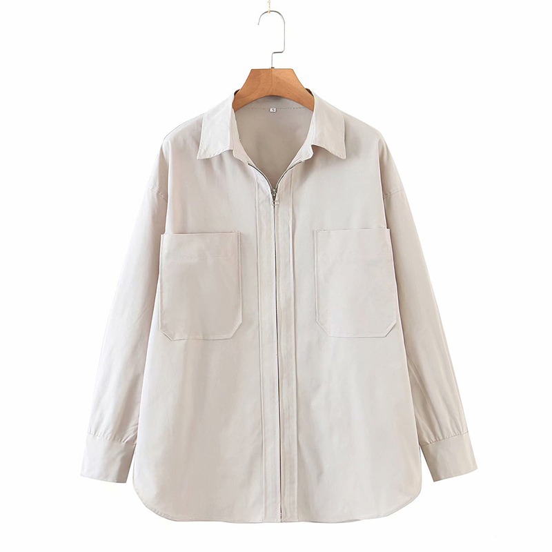 Spring And Autumn Women's Clothing Fashion Zipper Shirt Jacket Big Pockets Lapel Long Sleeves Back Elastic Waist 210521