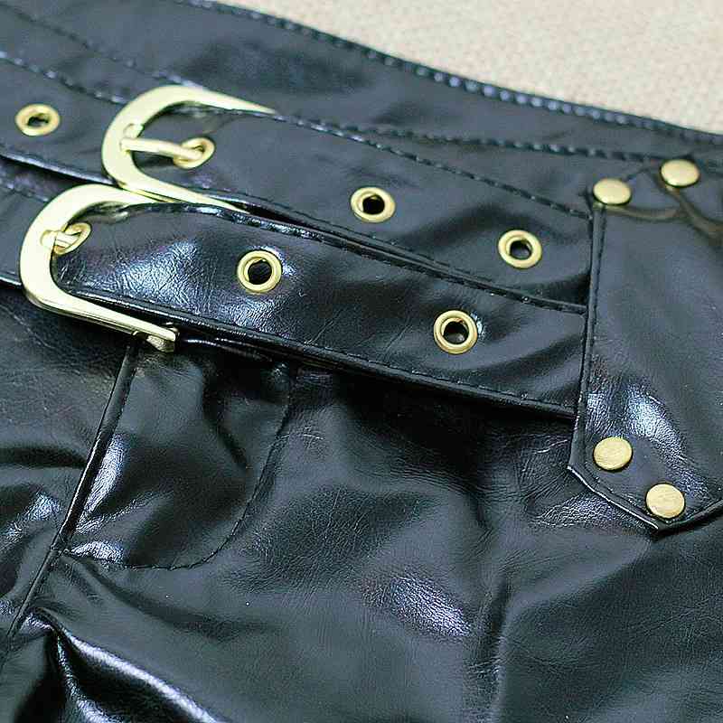 Sexy Women Shiny Faux Leather Shorts Double Sashes Low Rise Waist Micro MINI With Zipper Open Exotic Culb Wear F33 210724
