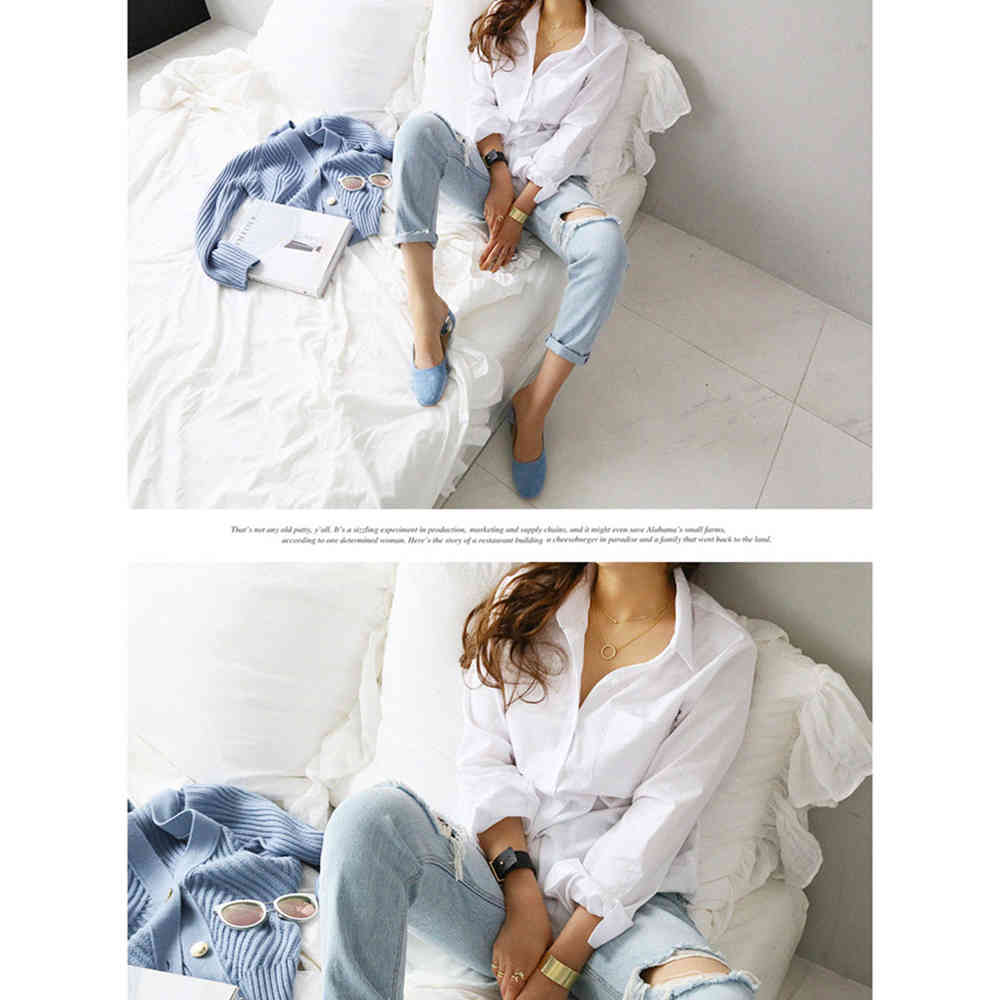 Women Casual White Long Sleeve Turn Down Collar Shirt Office Lady Elegant Single Breasted Pocket Shirts Loose Tops 210428