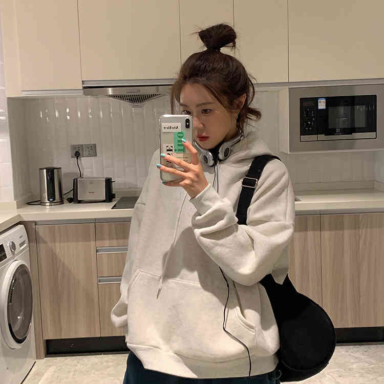 3Color autumn and winter korean style letter print thick hoodies womens large pocket warm sweatshirts and pullovers (F4136) 210423