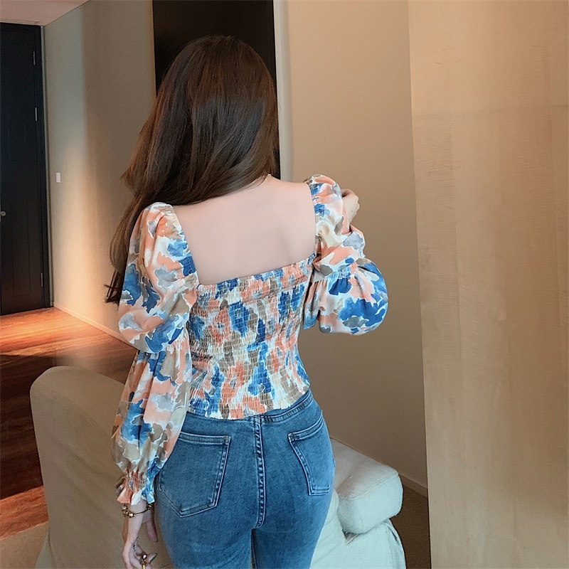 Sexy Lace Up Square Neck Flare Sleeve Blouse Women Oil Painting Printing Short Shirts Full Chic Fashion Blusas Mujer De Moda 210429