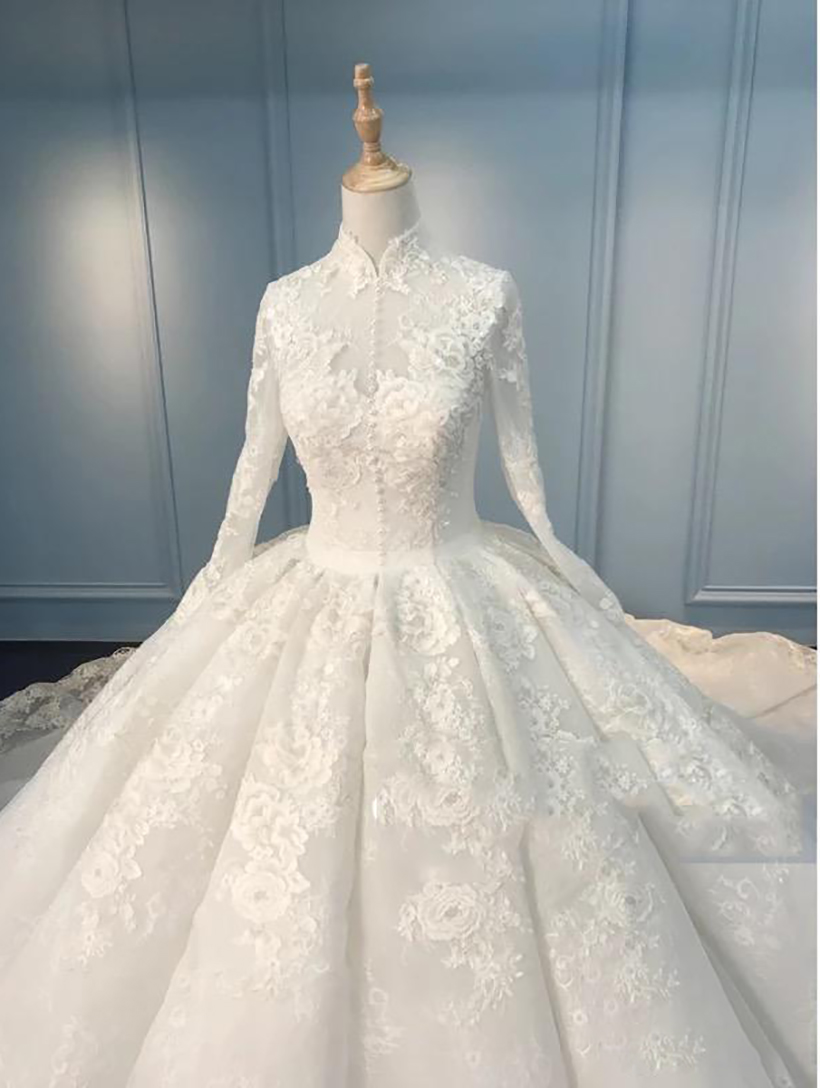 Vintage Wedding Dresses With High-Neck Long-sleeve Appliqued Race Vintage Ball Gown Wedding Dress Custom Made Vestidos De Novia