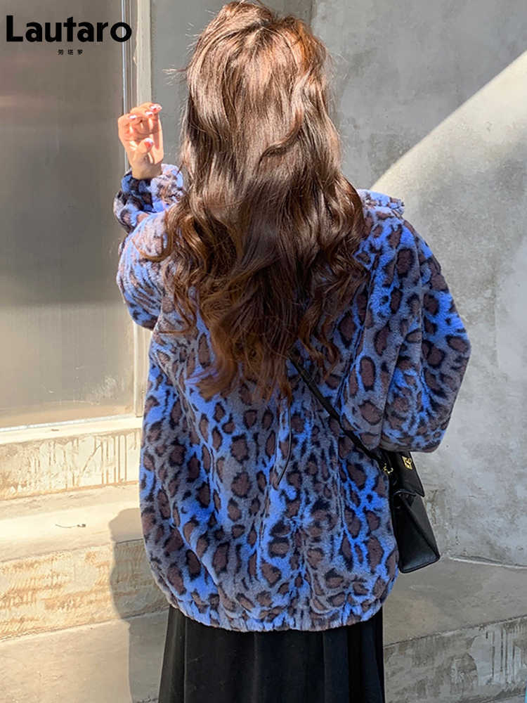 Lautaro Winter Oversized Colorful Leopard Print Faux Fur Coat Women Long Sleeve Zip Up Warm Soft Fluffy Jacket Korean Fashion 211019