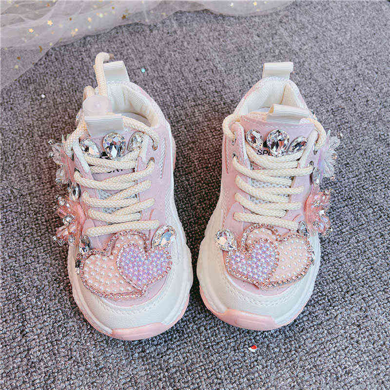 Kids Sneakers Girls Spring Fashion Casual Running Sports Trainers Breathable Children Pink Pearl with diamond Flats 220121