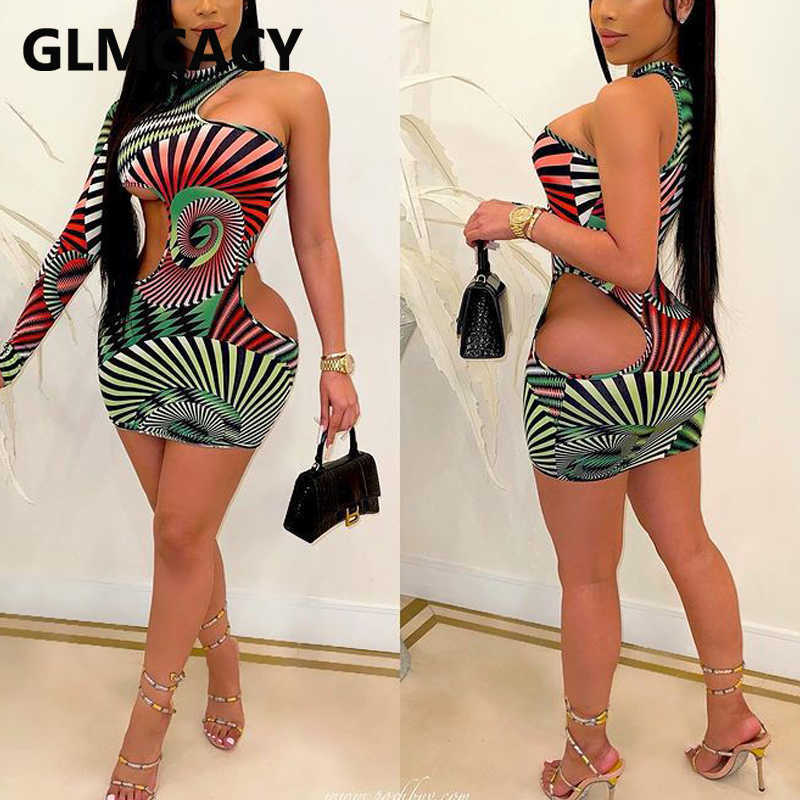 Women One Shoulder Cut Out Bodycon Dress Abstract Skinny Party Club Mini Dresses 210702