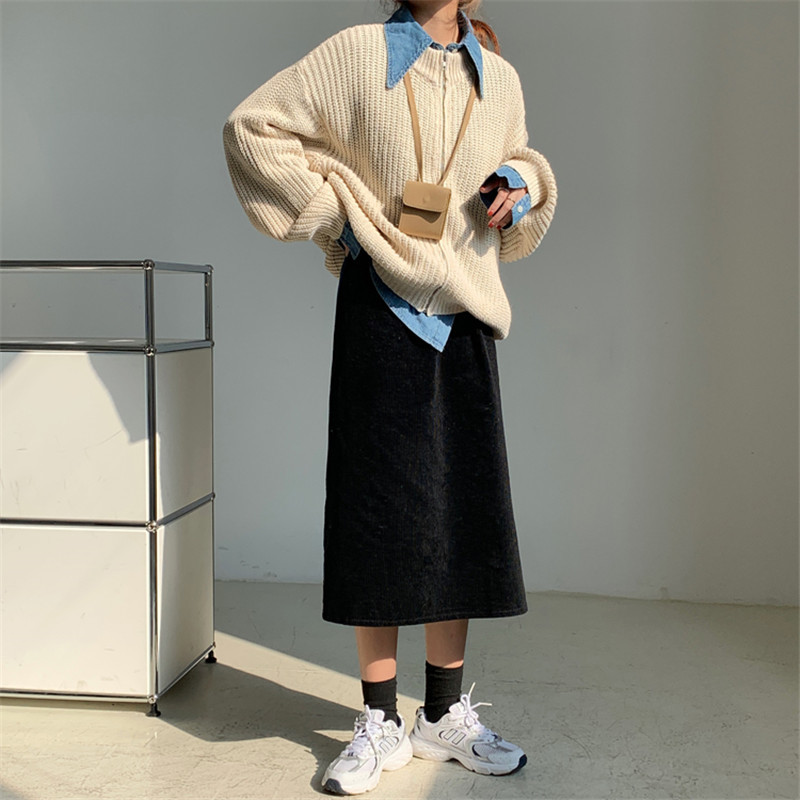 Spring Autumn Elastic High Waist Vintage Split Corduroy Bottoming Skirt Female OL Elegant Solid Long Skirts Womens 210421