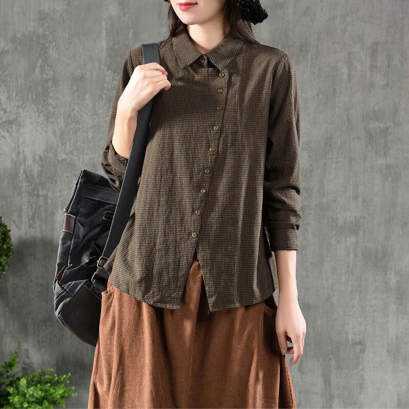 Spring Women Shirt Plus Size Long Sleeve Casual Ladies Tops Cotton Plaid Turn-down Collar Vintage Blouse Shirts D7 210512