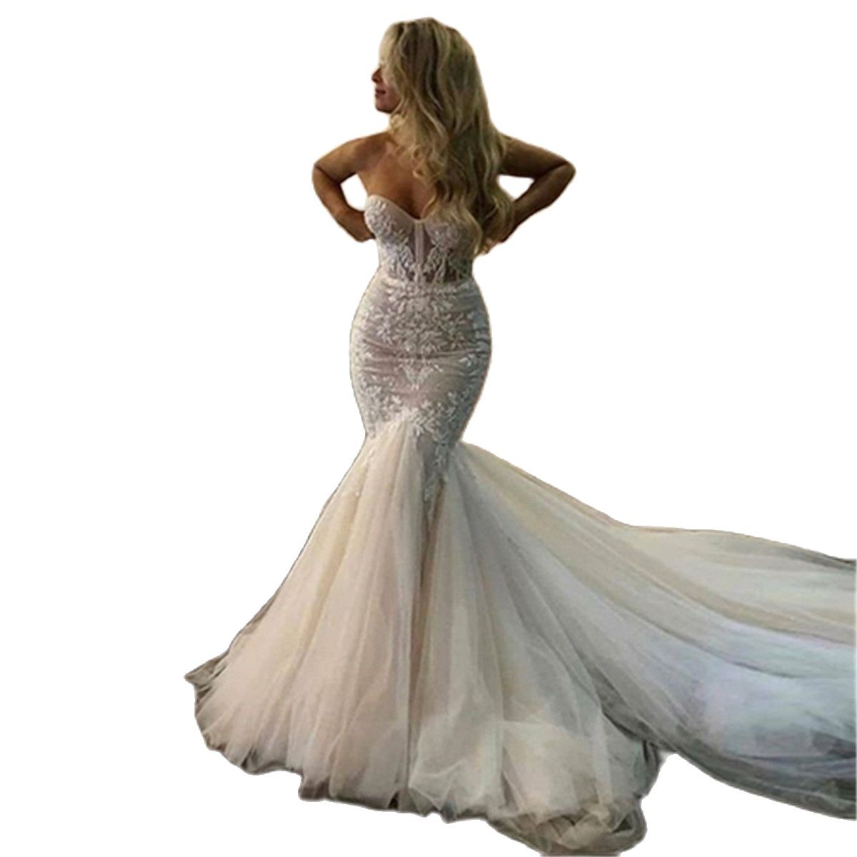 Sweetheart Lace Wedding Gowns Mermaid Strapless Boho Fish Bridal Dresses Backless Princess Party Gowns With Puffy Tulle Skirt