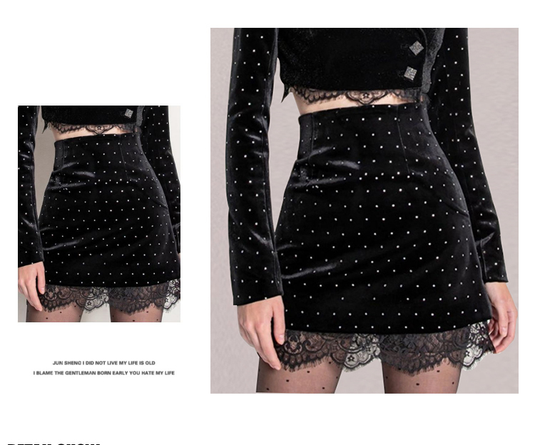 High Quality Korean Women Two Piece Set Elegant Black Dot Velvet Short Coat And Waist Bodycon Lace Patchwork Skirt Suit 210519